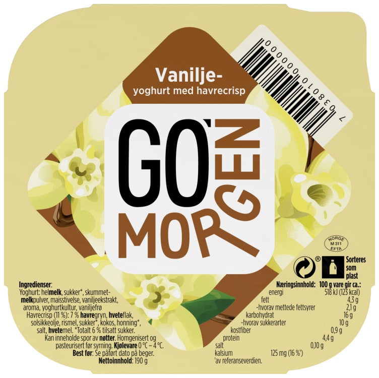 Tine Go'morgen yoghurt Vanilje 6x190g(x)